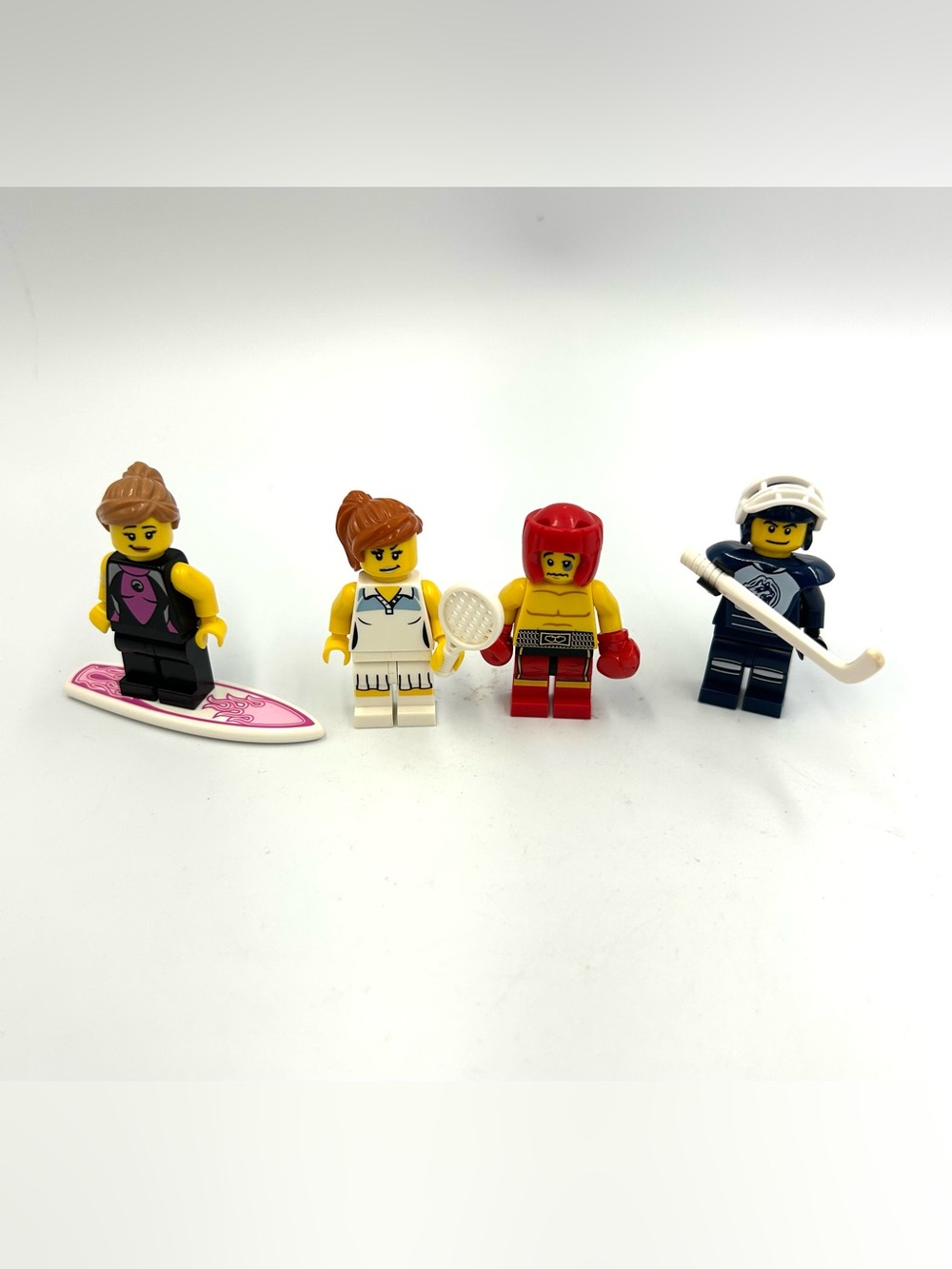 Lot 4 Lego Minifigures Tennis Player Surfer Girl Boxer Hockey Player